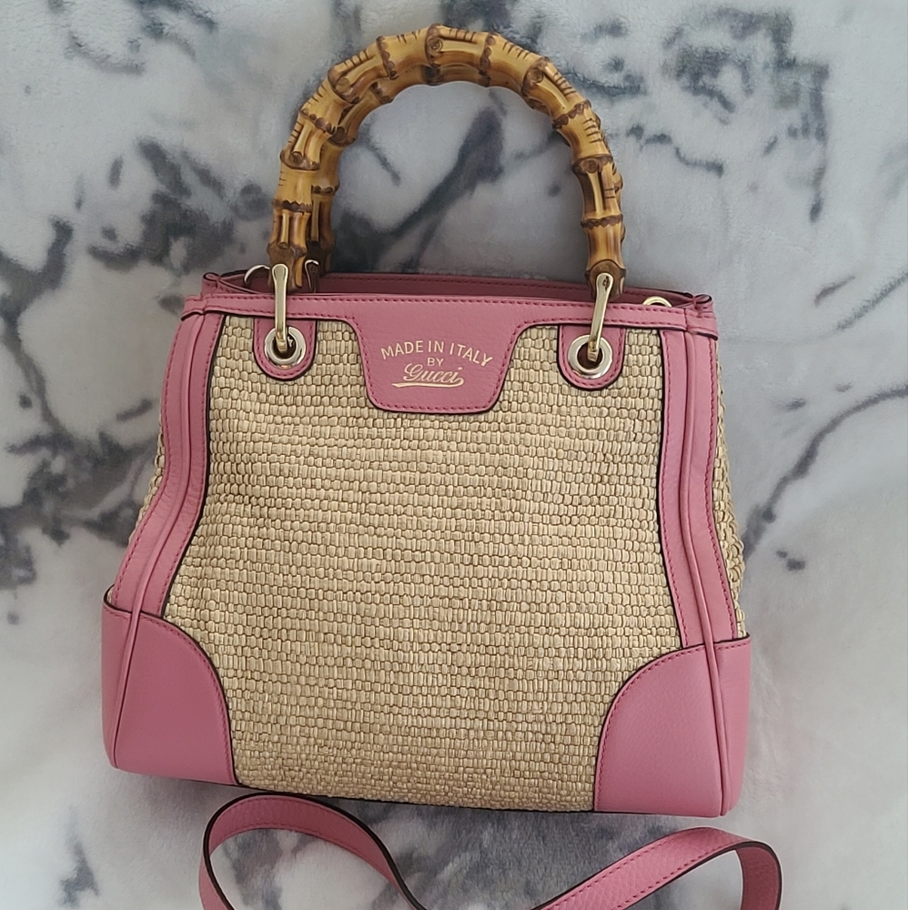 Gucci Pink Raffia & Leather Medium Bamboo Shopper Tote (Authentic Pre-Own